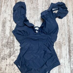 Cupshe Deep Blue Swimsuit with Ruffle Accents